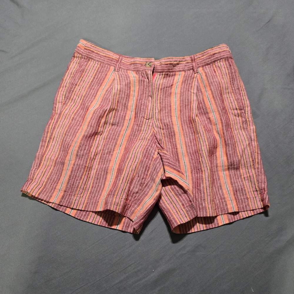 J. Jill Love Linen Shorts Womens 10 Pink Orange Striped 100% Linen Casual Summer